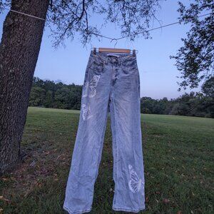 Tinseltown Wide Leg Jeans Juniors 3 Blue Light Stone Butterfly Print High Rise